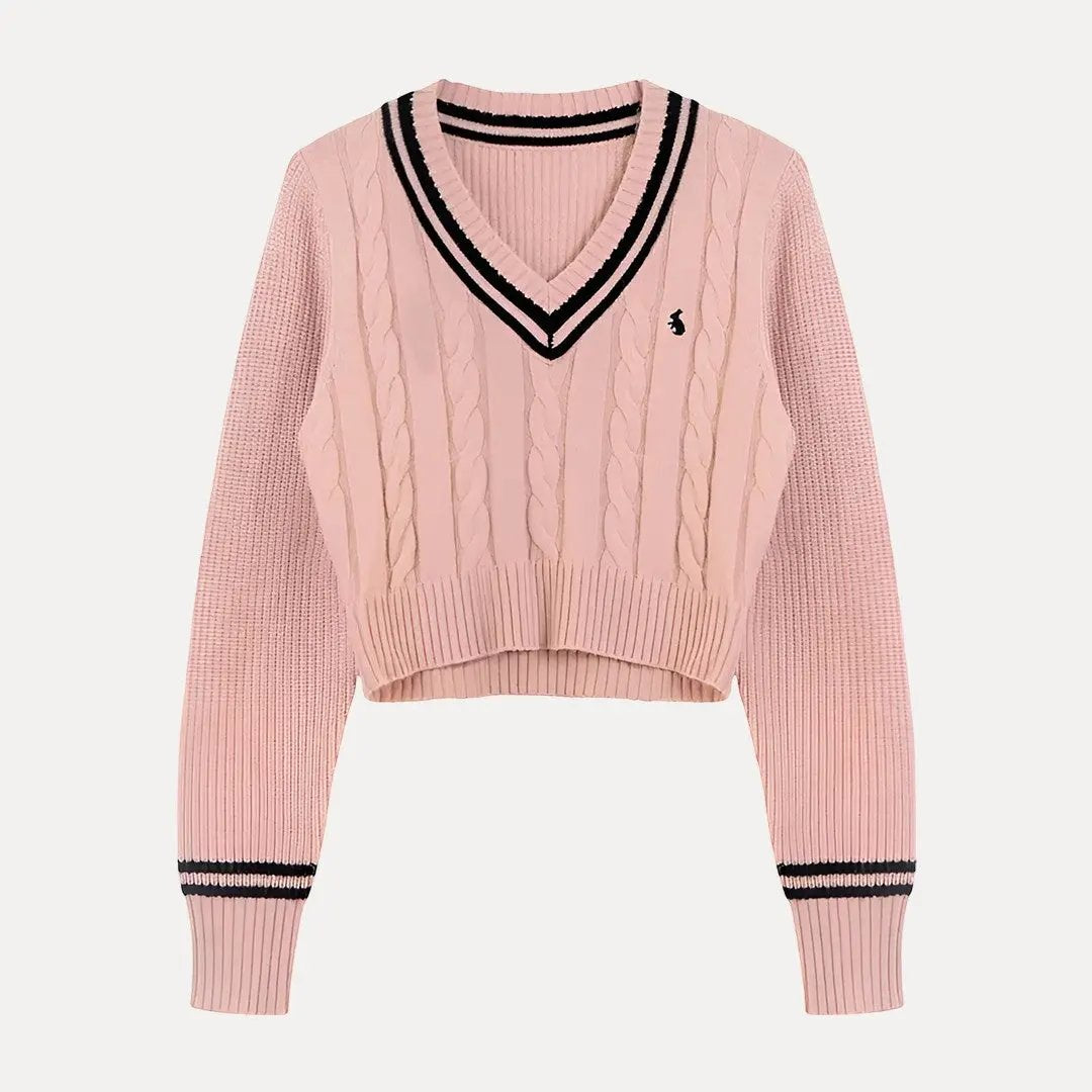 Cropped cable-knit V-neck sweater with bold striped trim, cozy sporty style