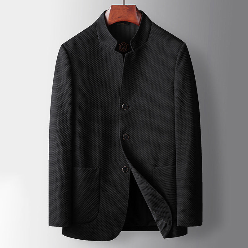 Men's navy wool blend tailored fit blazer with Mandarin collar for modern formal office wear