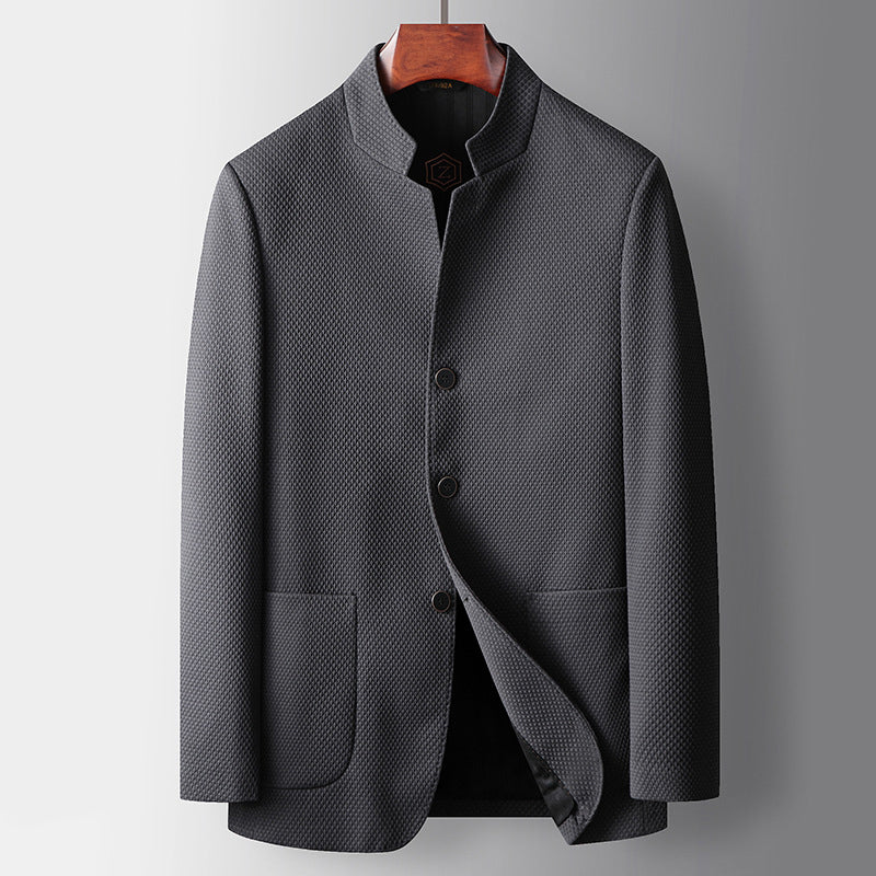 Men's charcoal wool blend tailored blazer with Mandarin collar slim formal office jacket