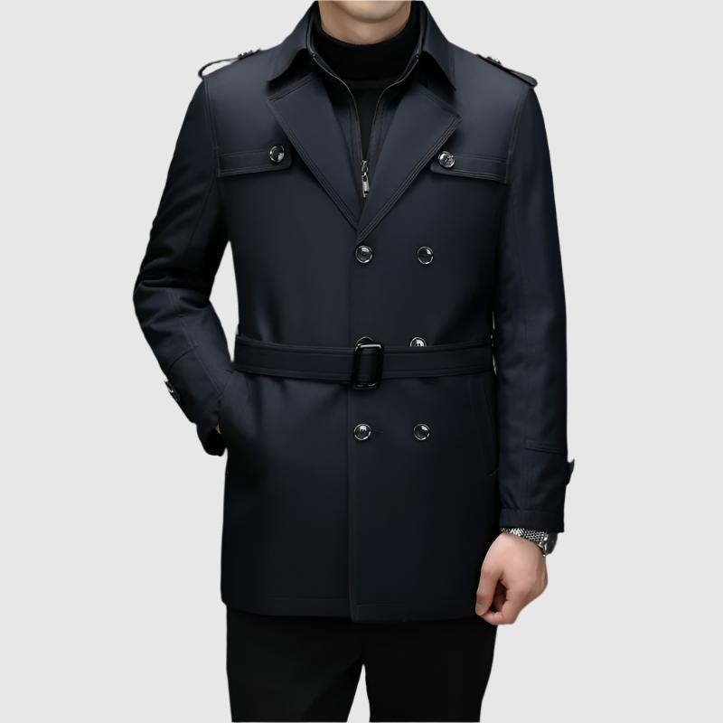 Navy blue double-breasted windbreaker with military shoulder epaulets and structured high collar