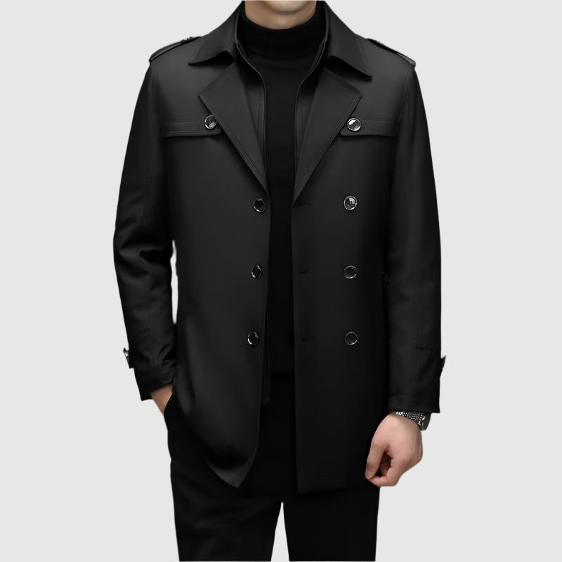 Alessandro Veneti navy double-breasted windbreaker with military shoulder epaulets and structured high collar