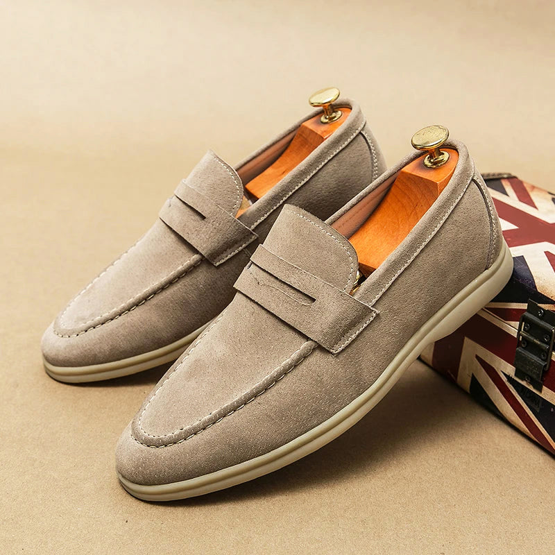 Alessandro Veneti tan suede leather slip-on loafers with soft nap texture and polished elegant silhouette
