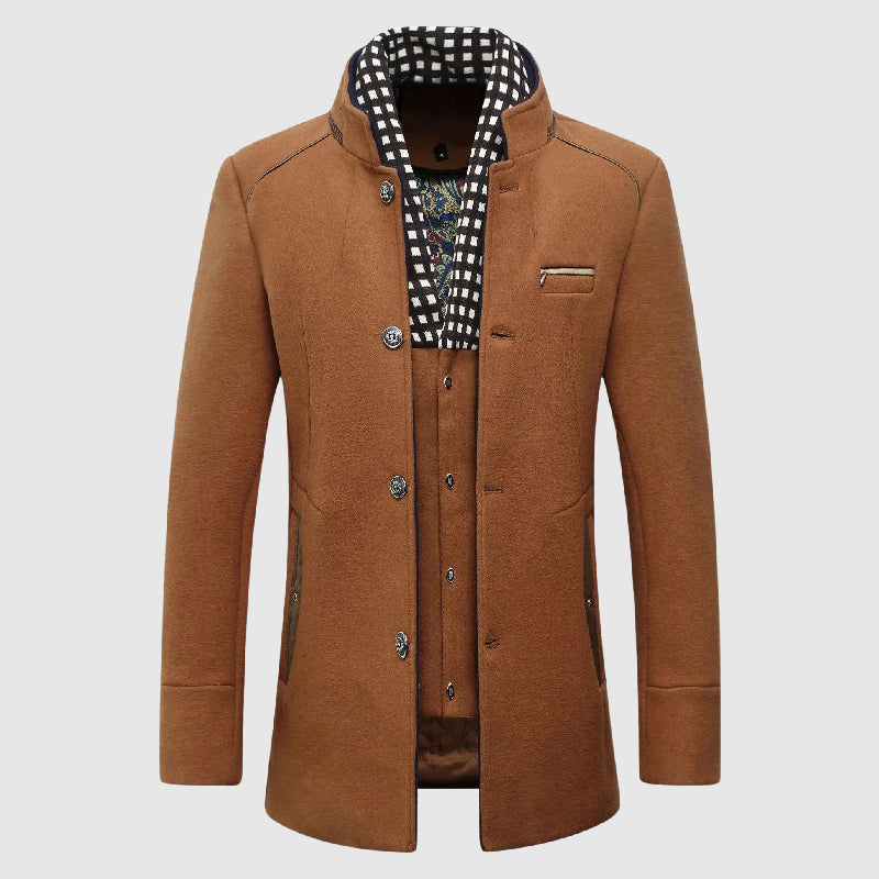 Alessandro Veneti dark wool overcoat slim silhouette with checker lining and refined interior detailing