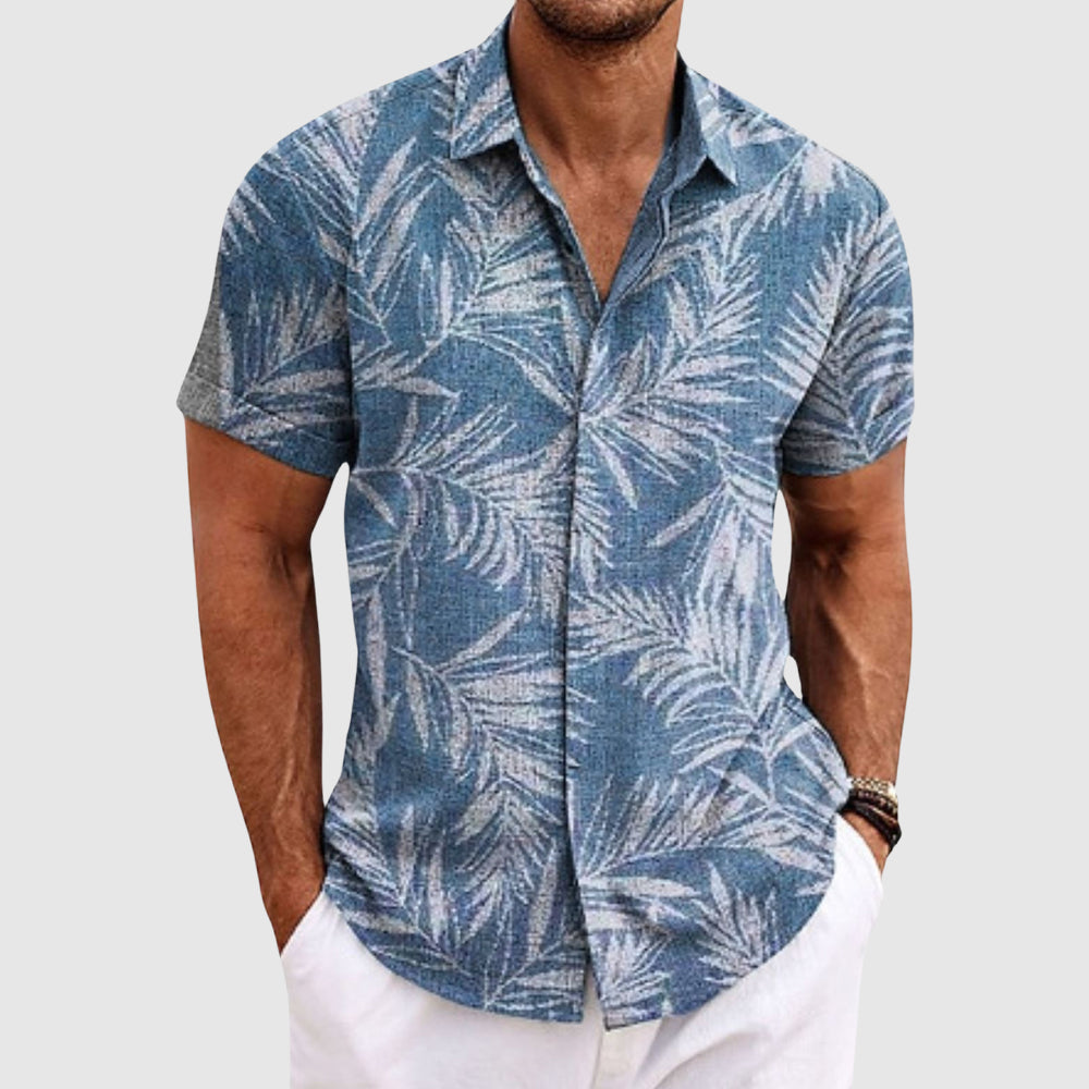 Alessandro Veneti Palm Whisper Shirt linen-poly blend tropical palm motif resort-style button-up