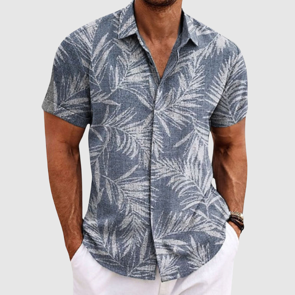 Alessandro Veneti Palm Whisper Shirt linen-poly blend with intricate palm motif subtle textured resort style
