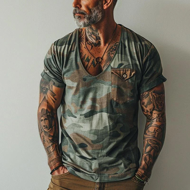Alessandro Veneti vintage camo V-neck t-shirt with weathered retro ranger print