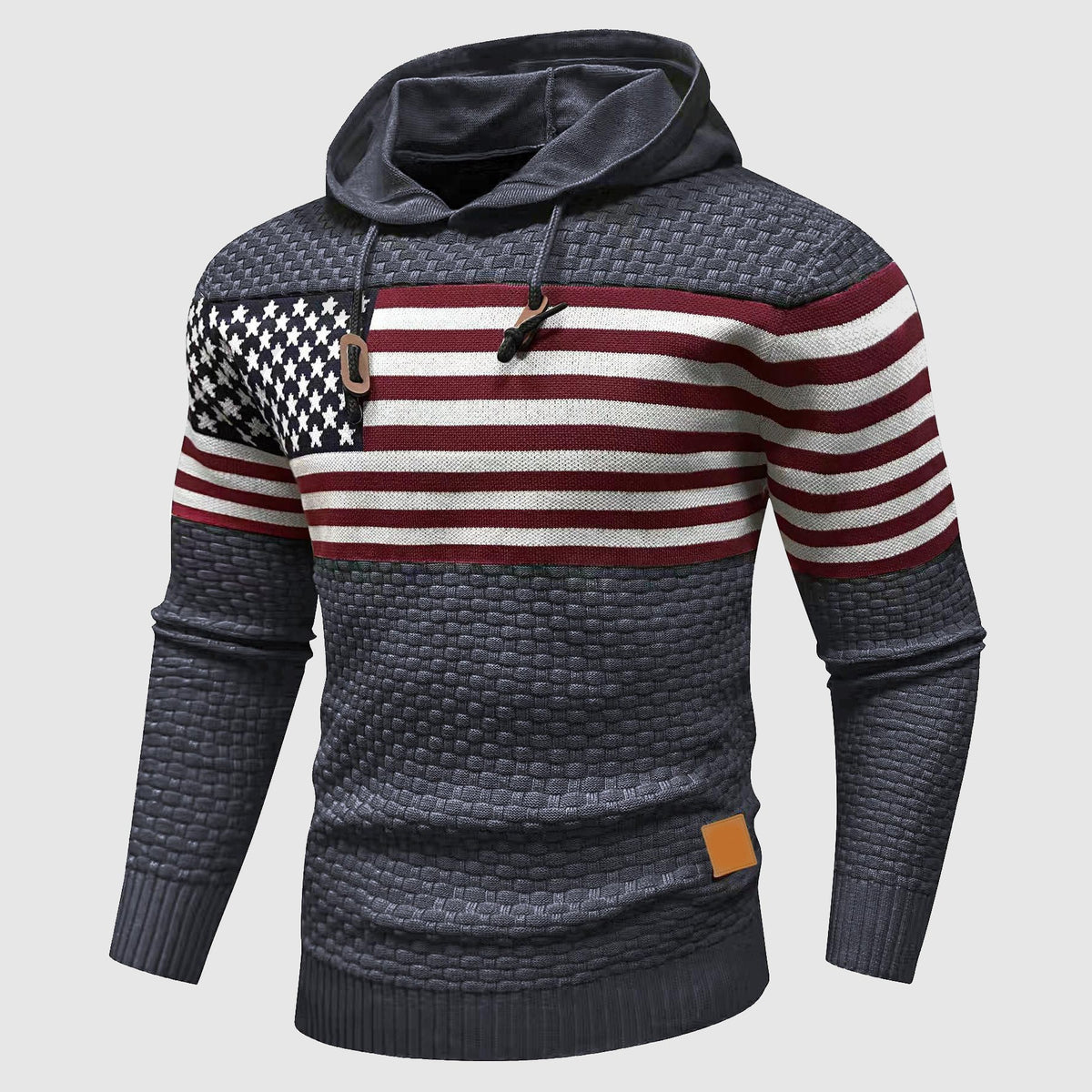 Men's red white blue stars stripes hoodie waffle knit American flag pattern relaxed fit pullover