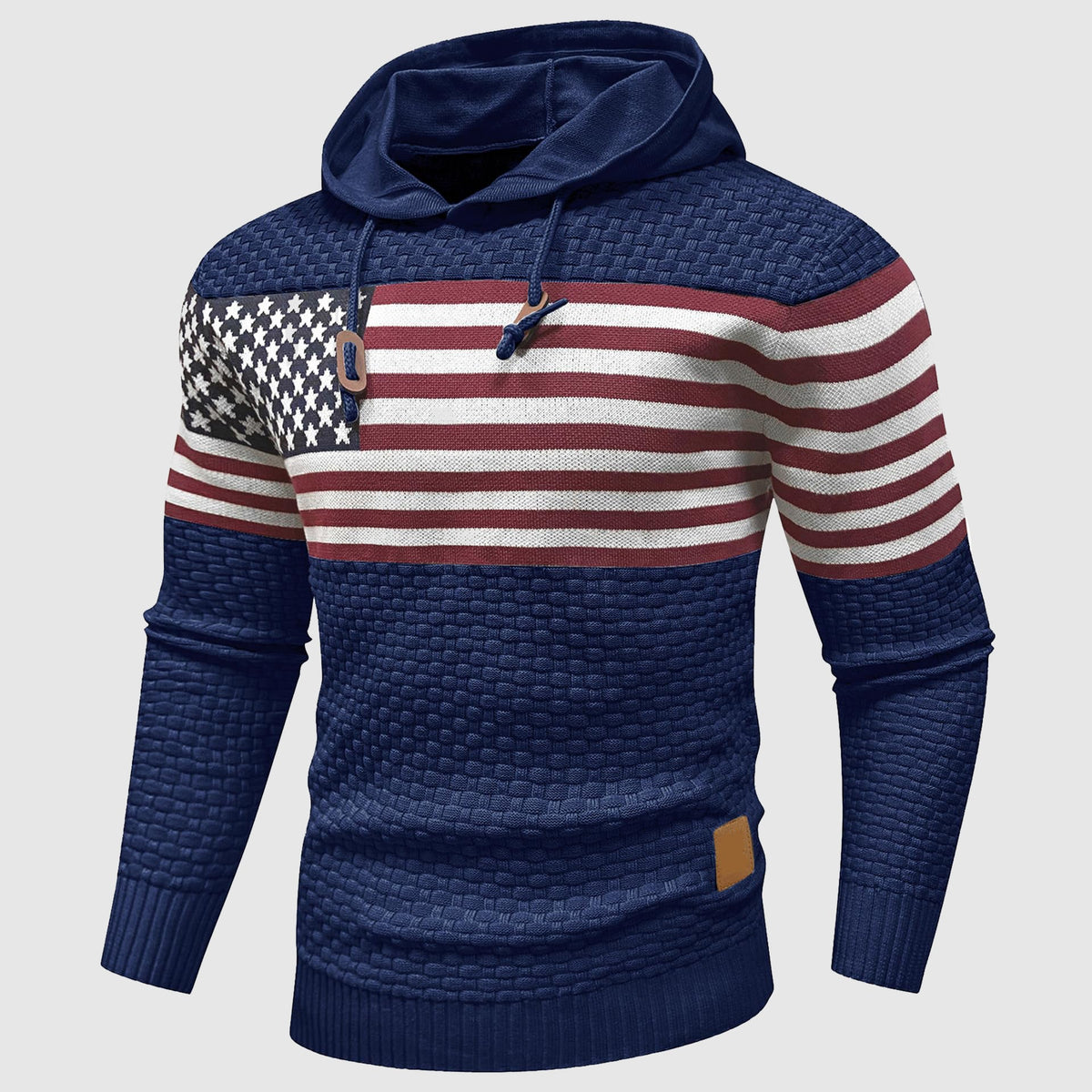 Men's navy blue waffle knit hoodie with bold stars and stripes American flag pattern