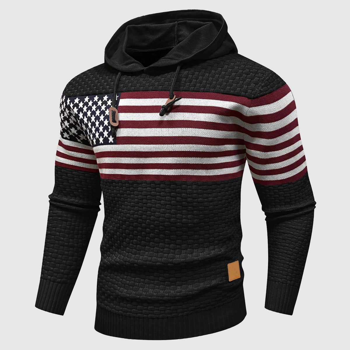 Men's red white blue stars stripes hoodie waffle knit texture American flag heritage design