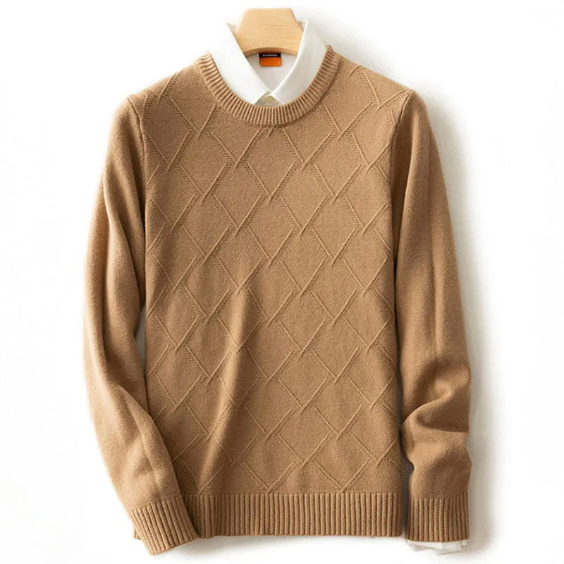 Alessandro Veneti Lucca cream wool blend pullover with diamond pattern, crew neck, ribbed cuffs