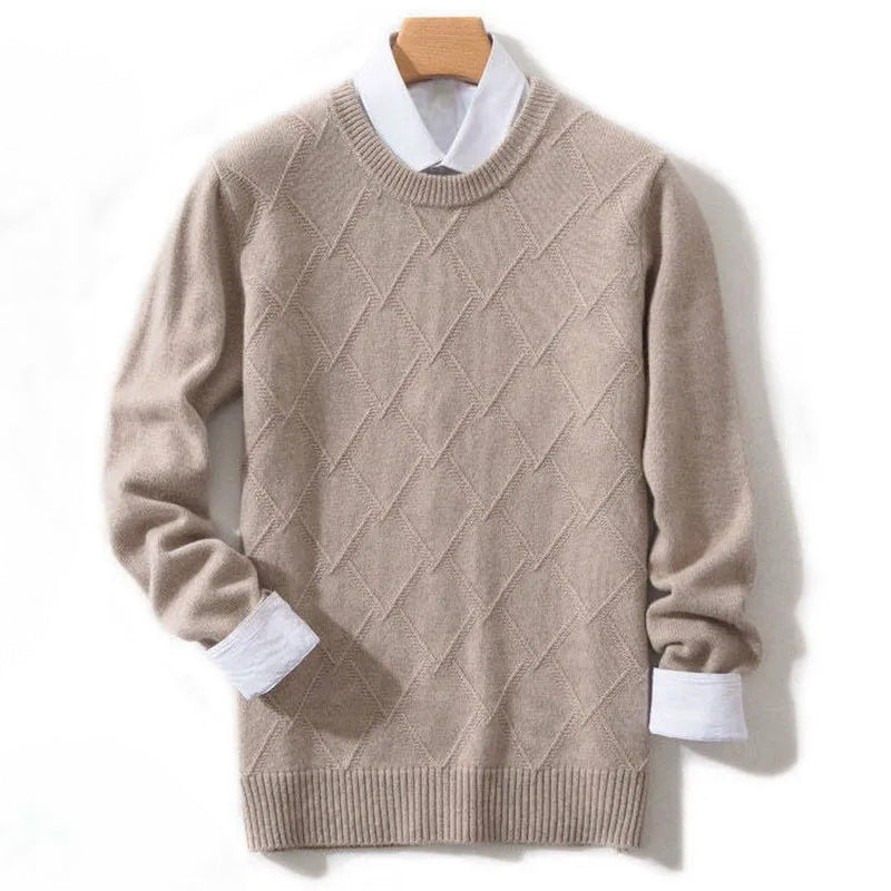 Alessandro Veneti Lucca cream knitted pullover crew neck diamond pattern ribbed cuffs tailored fit