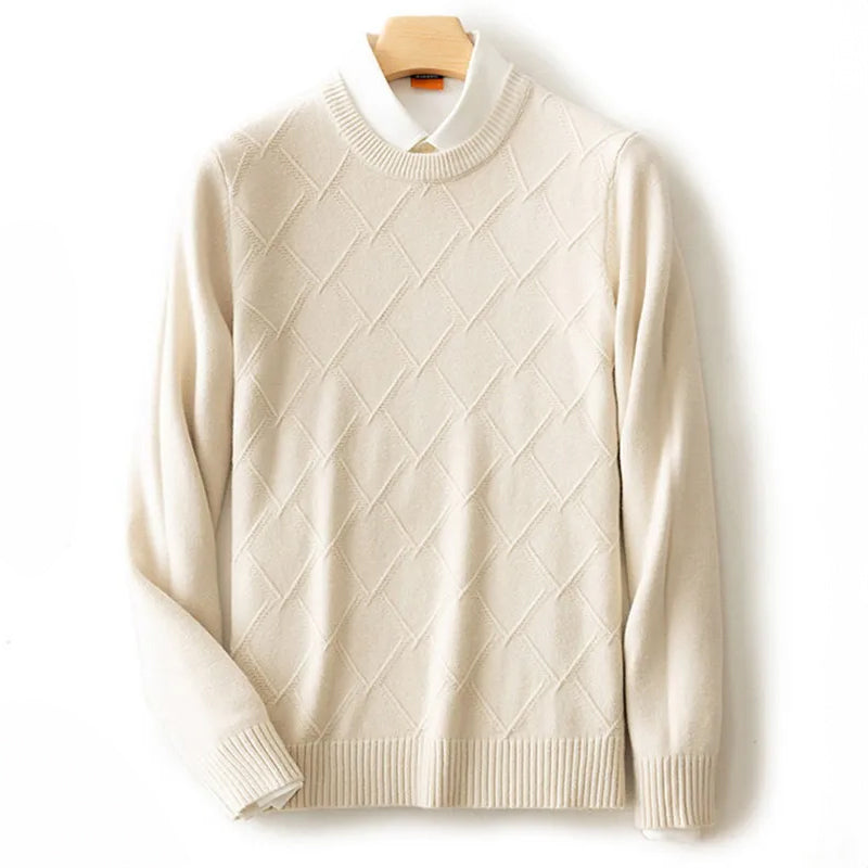 Alessandro Veneti Lucca cream knitted pullover crew neck diamond pattern ribbed cuffs tailored fit
