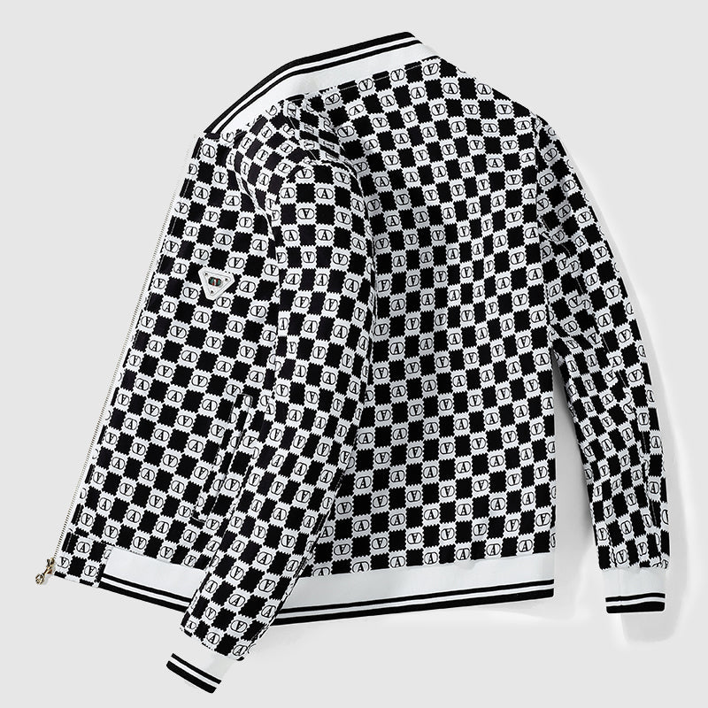 Alessandro Veneti retro black white checkerboard bomber jacket with bold letter A print