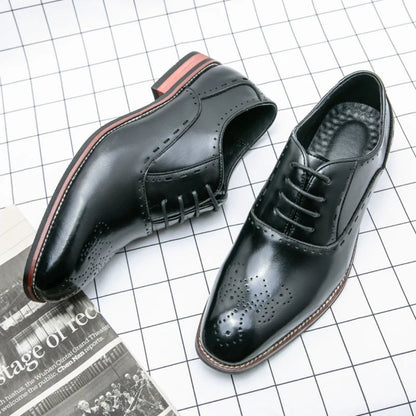 Men's brown full-grain leather brogue Oxford dress shoes with intricate perforations handcrafted