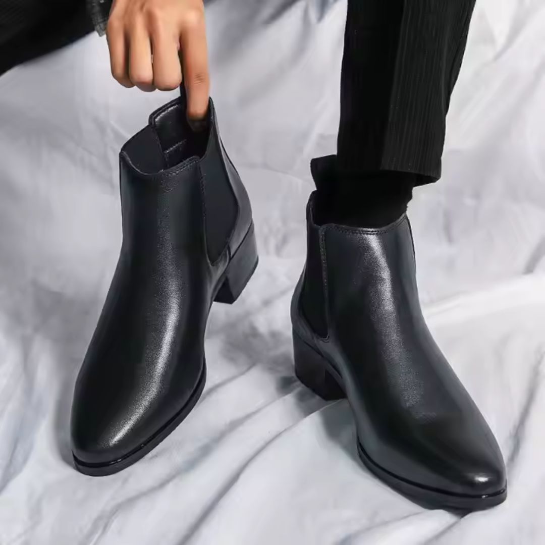 Men's black vegan leather Chelsea boots waterproof ankle style with elastic side panels