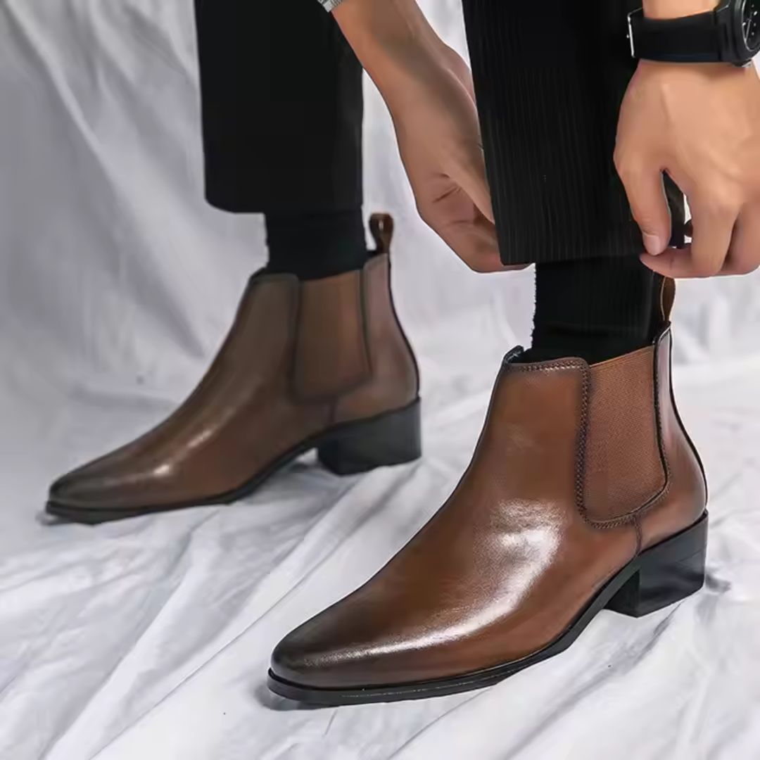 Men's black vegan leather Chelsea boots waterproof ankle silhouette with elastic side panels