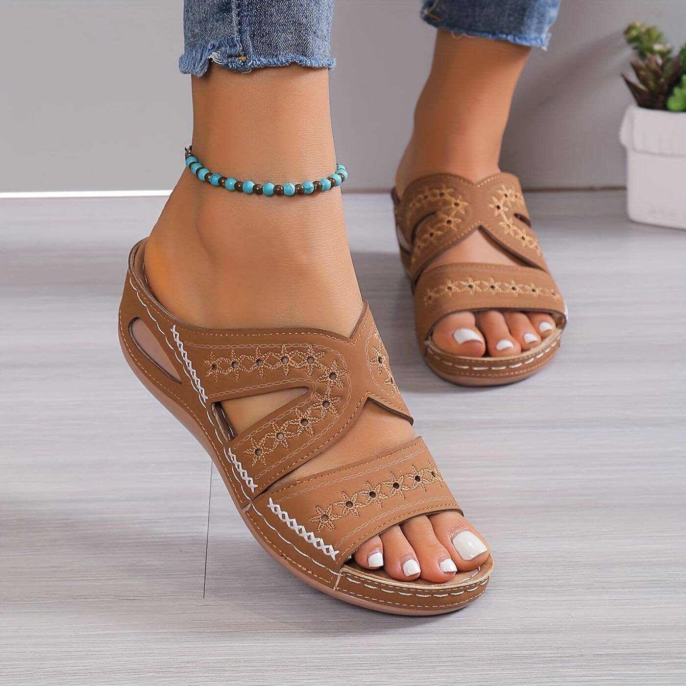Beige slip-resistant comfort sandals with cushioned comfort support sole for all-day comfort