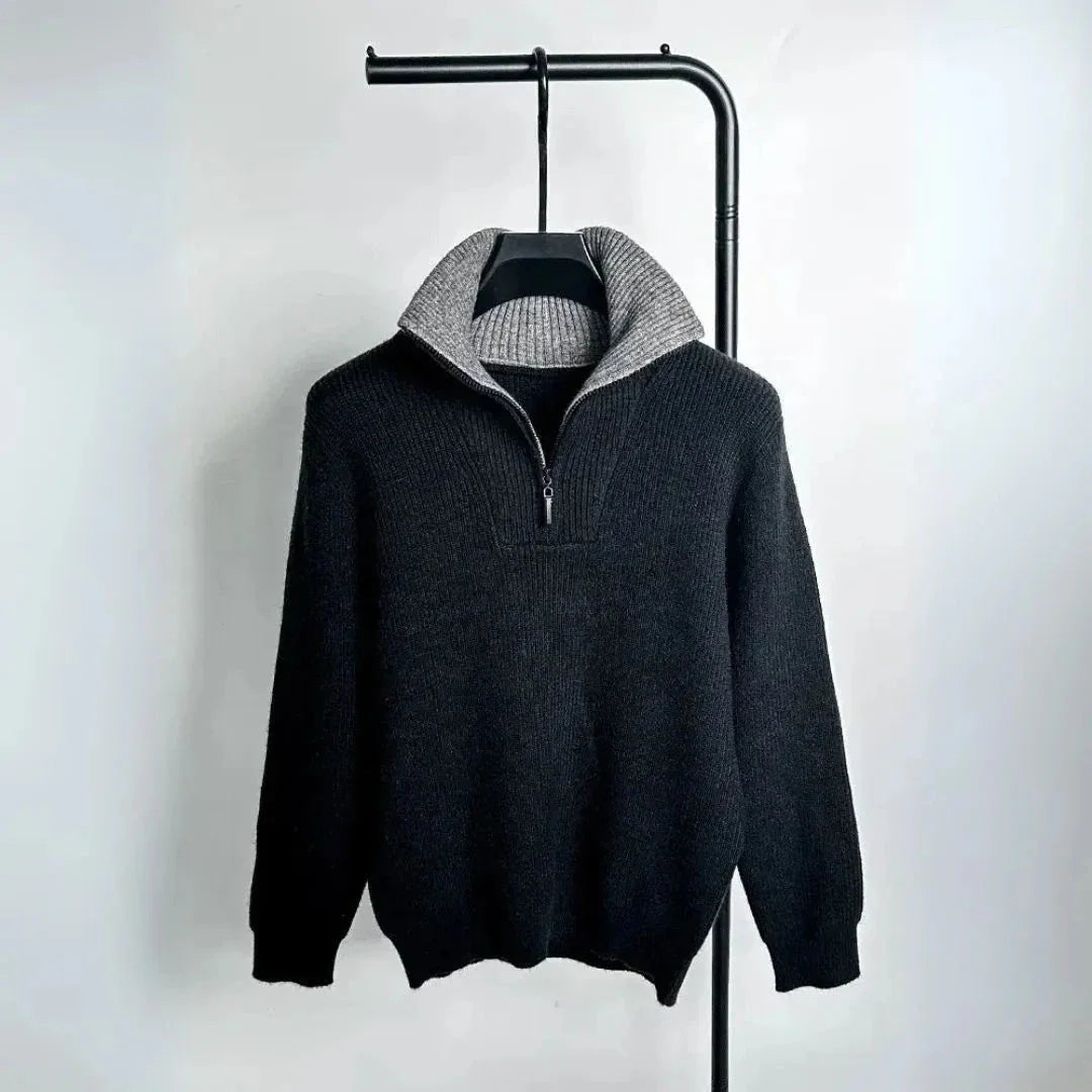 Beige ribbed knit quarter-zip sweater with contrasting stand-up collar for modern layering