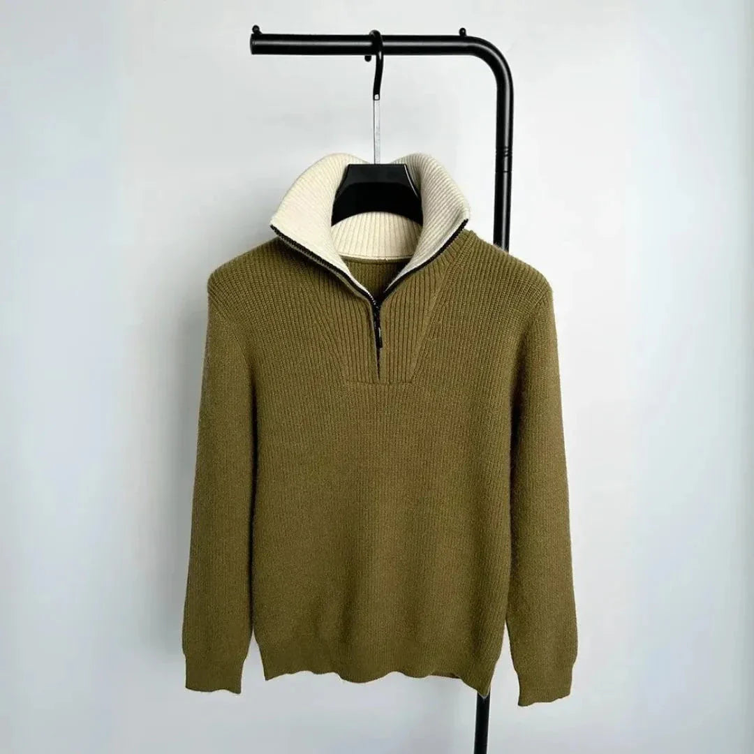 Navy blue ribbed knit quarter-zip sweater with contrasting stand-up collar for modern layering