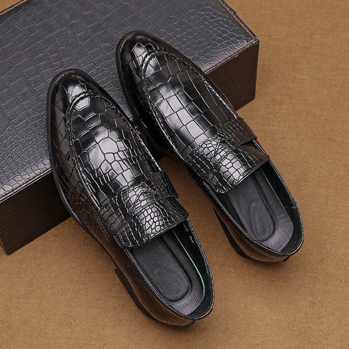 Black genuine leather loafers with glossy crocodile-embossed finish and classic slip-on silhouette