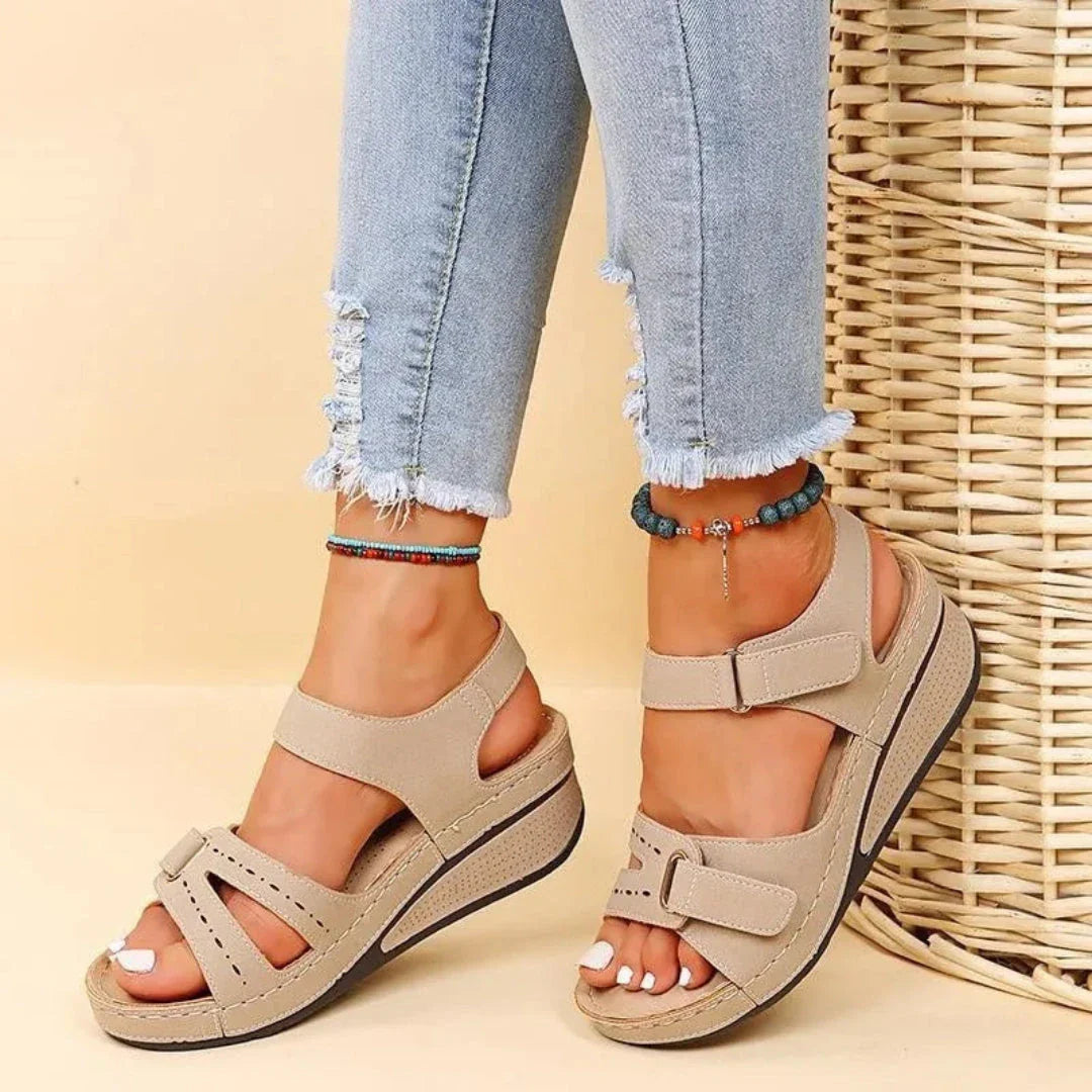 Alyssa women's beige comfort wedge sandals with ergonomic comfort support insole for all-day comfort