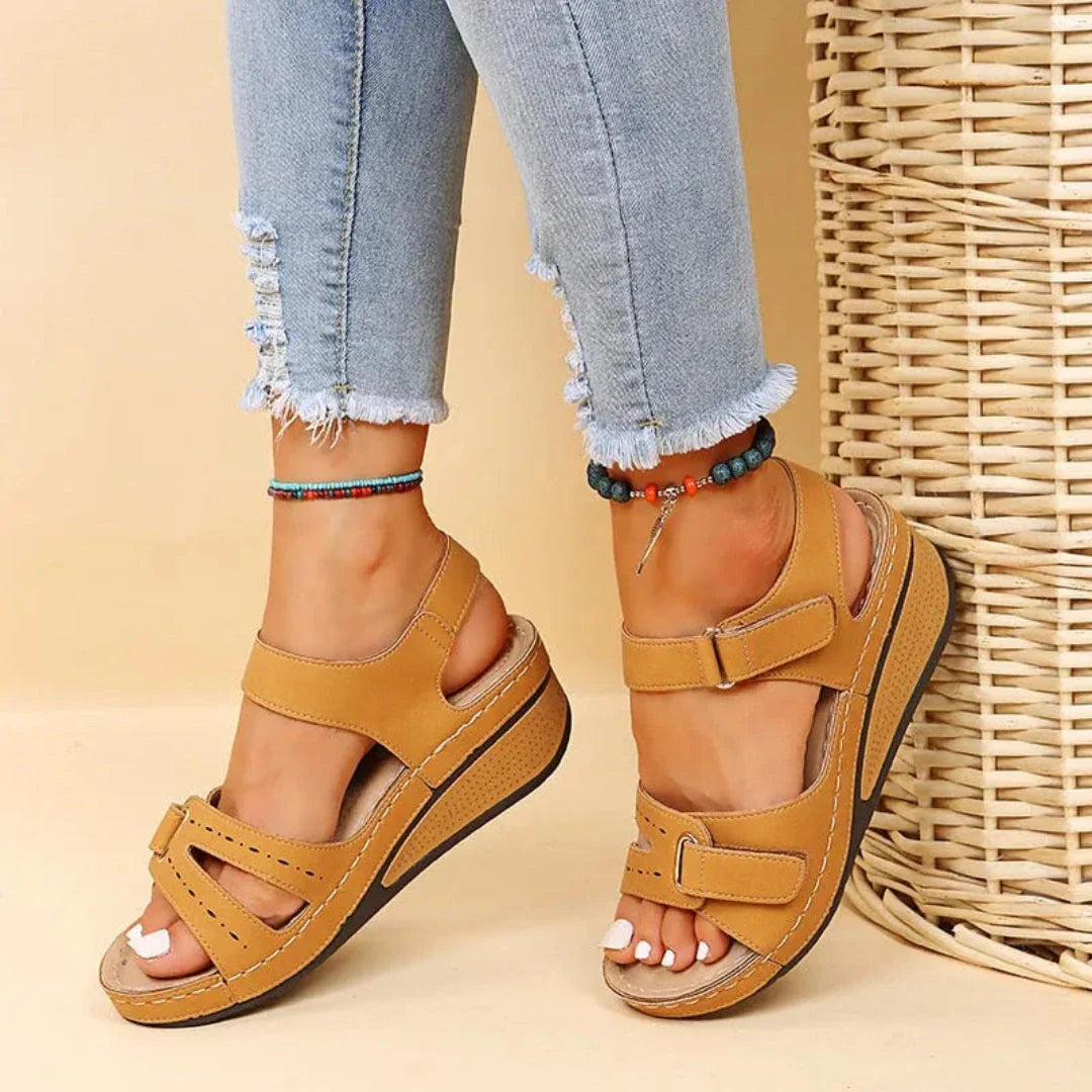 Beige comfort wedge sandals for women with ergonomic comfort support insole, casual everyday style