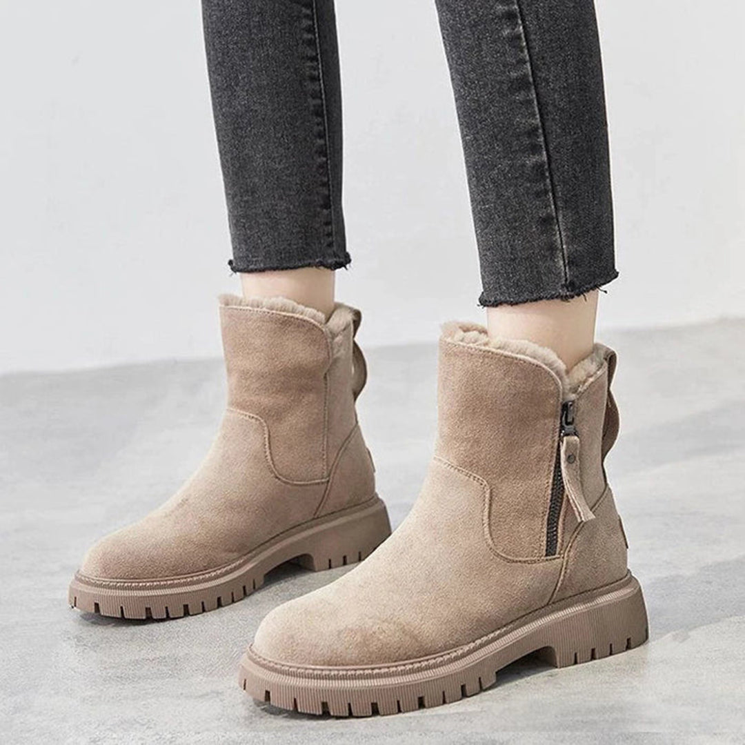 Women's warm-lined suede-look ankle boots with non-slip sole and side zipper closure