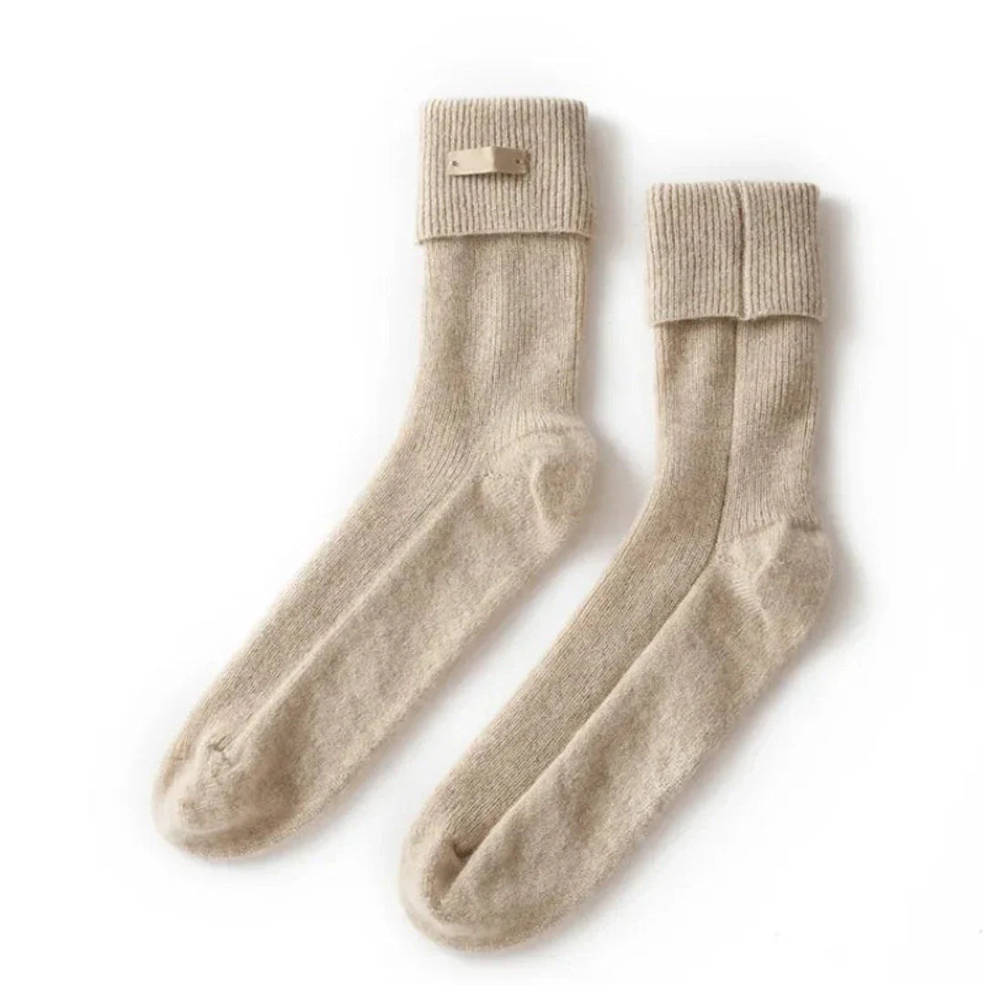 Amelia ivory cashmere crew socks with fold-over cuff, ultra-soft premium knit for everyday warmth