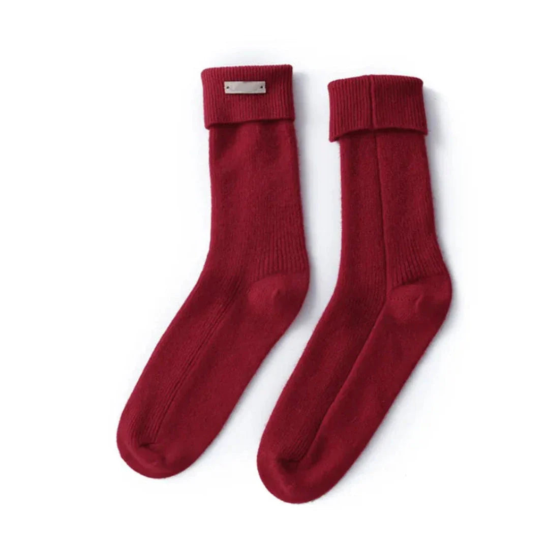 Amelia ivory cashmere crew socks with fold-over cuff, soft premium knit for everyday warmth