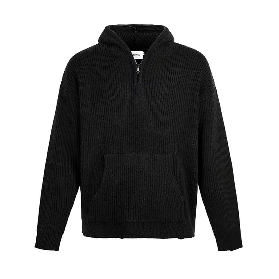 Ribbed hooded sweater half-zip slim fit pullover in neutral tone with textured knit detailing