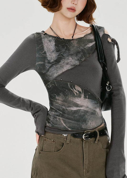 T-shirt en coton patchwork gris style américain deux pièces pour l'automne - Wavlynn