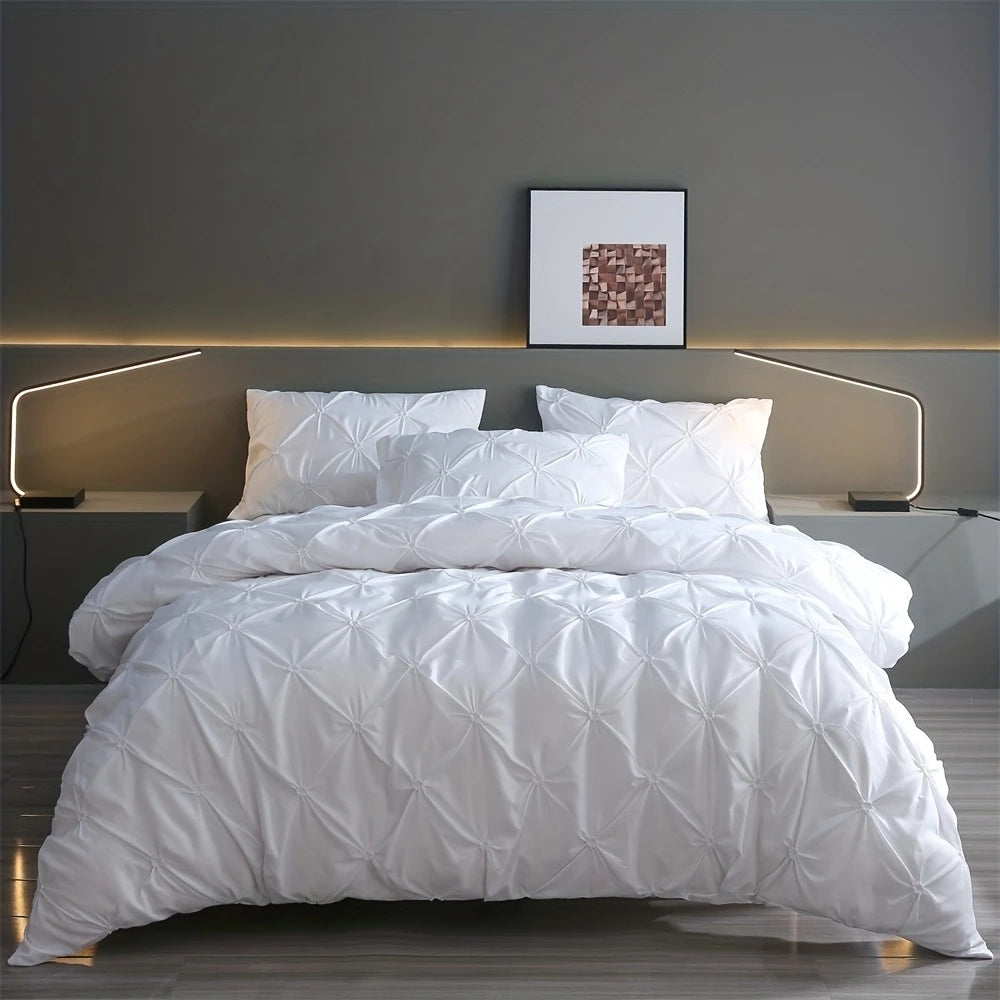 White pinch pleat duvet cover set soft cotton texture modern hotel-inspired bedding