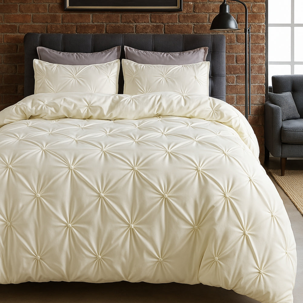 White cotton pinch pleat duvet cover set with hotel-inspired textural elegance and modern design