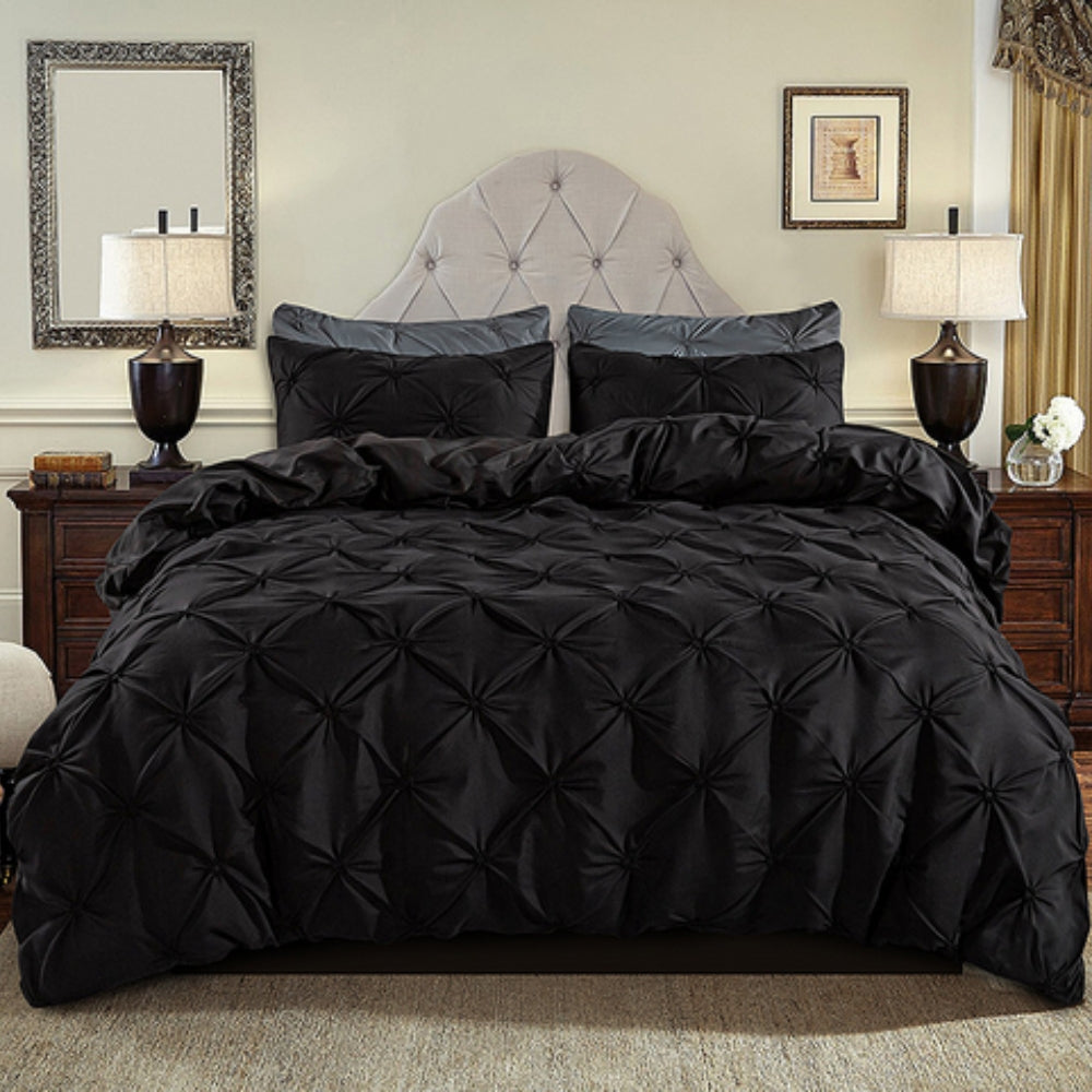 White cotton pinch pleat duvet cover set with hotel-inspired textural design and modern styling
