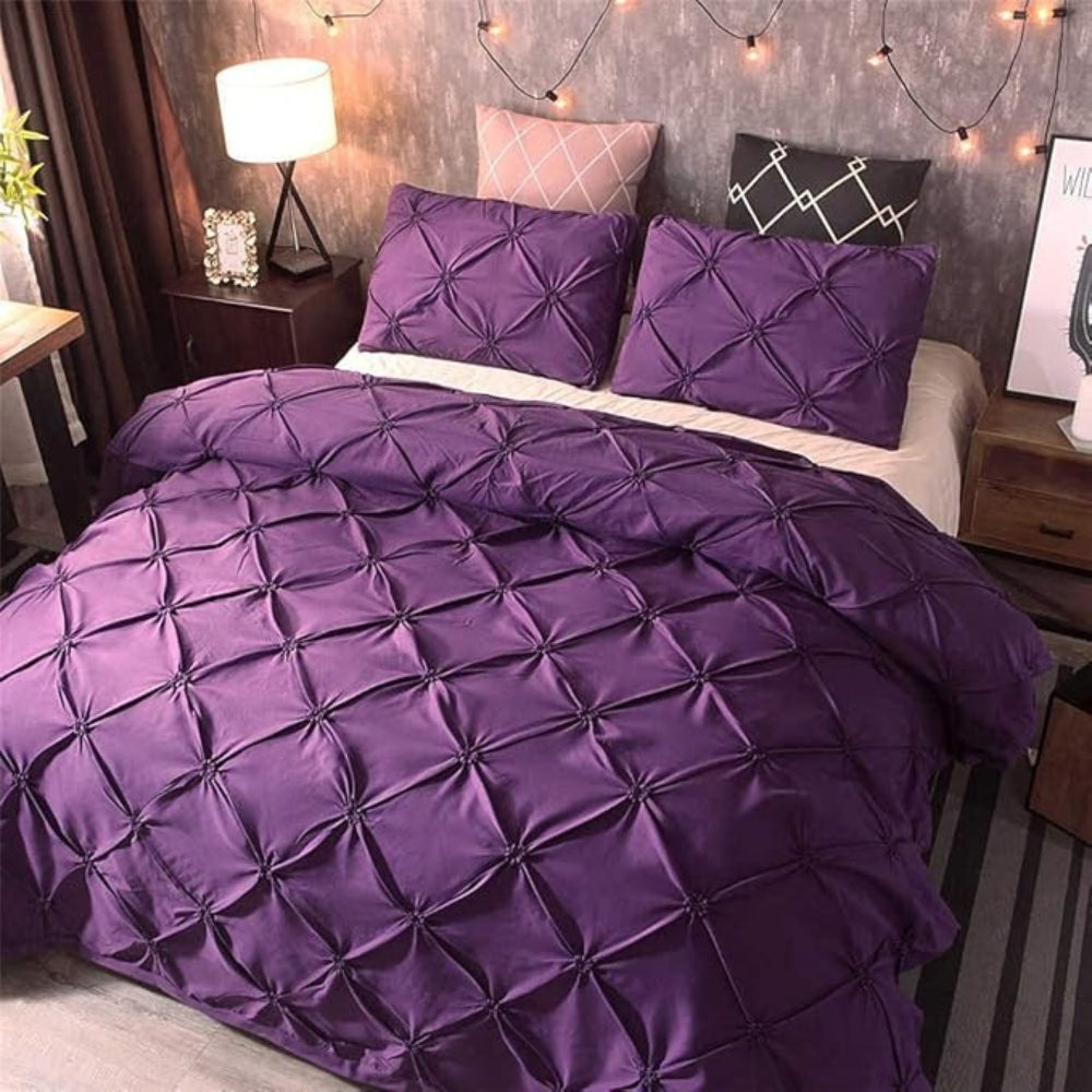 White cotton pinch pleat duvet cover set with hotel-inspired textural design and modern tailored pleats