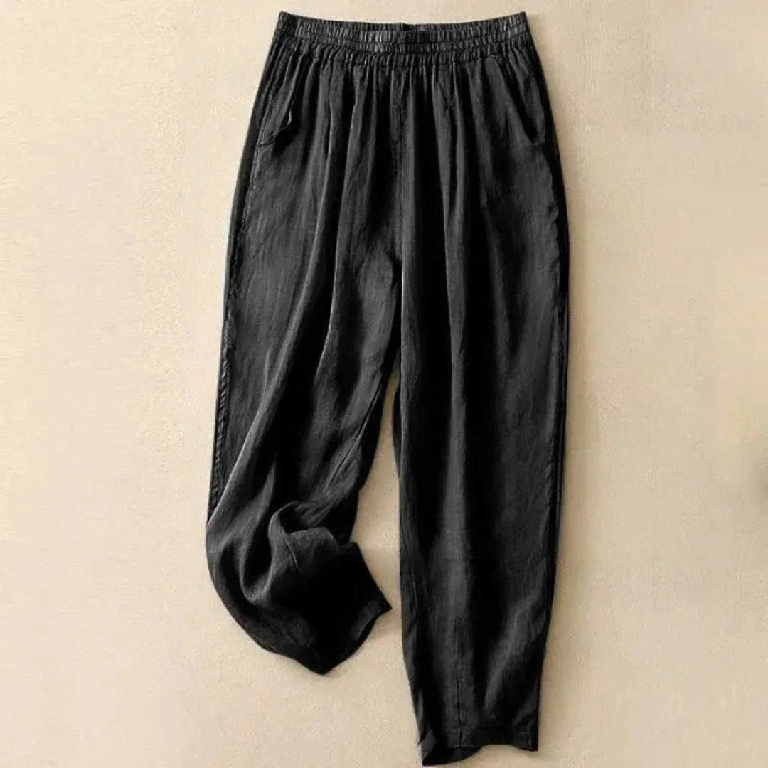Women's beige linen relaxed fit casual trousers with elasticized waistband for effortless everyday style