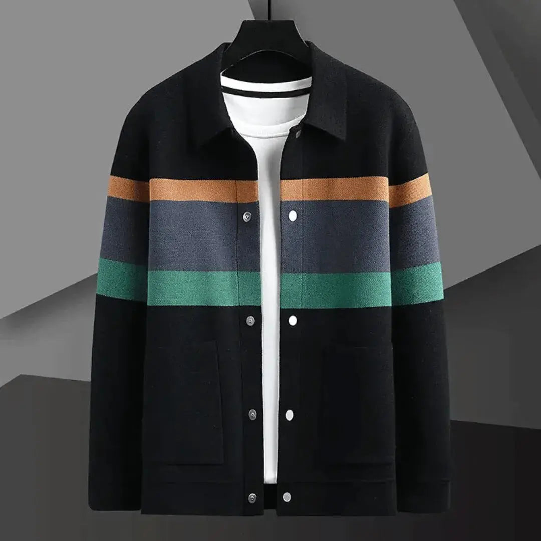 Andrei Gatti brushed jacquard cardigan, color block stripes, polo-style luxury knit in soft texture