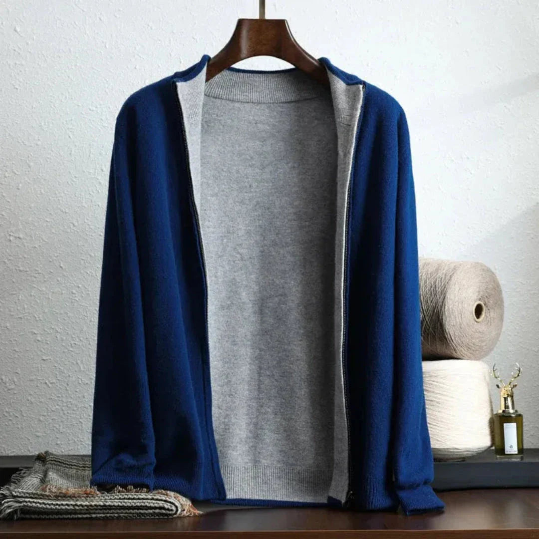 Andrew wool zip-up cardigan in two-tone knit, lightweight premium cashmere blend with full-zip closure