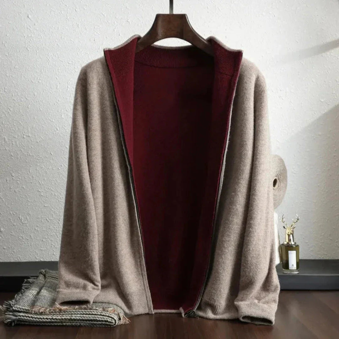 Men's two-tone wool zip-up cardigan in classic knit with full-zip closure and lightweight warmth