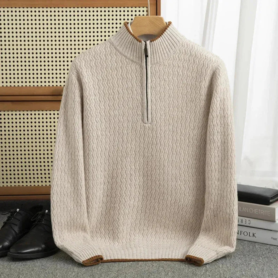 Anton half-zip textured knit sweater with ribbed high collar and subtle wave pattern