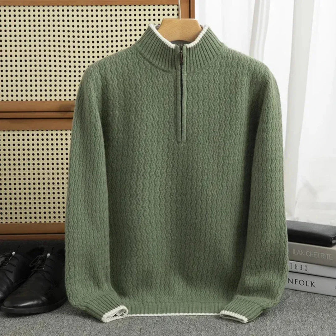 Anton half-zip textured knit sweater with ribbed high collar and subtle wave pattern