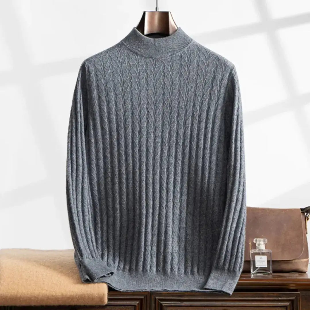 Camel unisex mock turtleneck cashmere sweater with relaxed knit and premium Himalayan softness