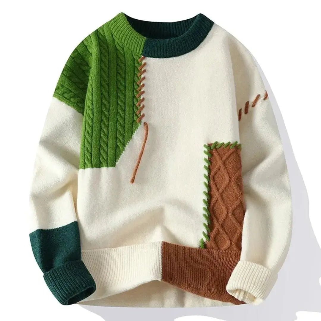 Loose-fit patchwork sweater with unique tonal stitching and complex multi-panel design