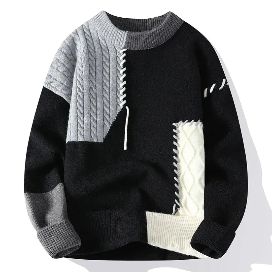Loose-fit patchwork sweater with unique tonal stitching and complex multi-panel design