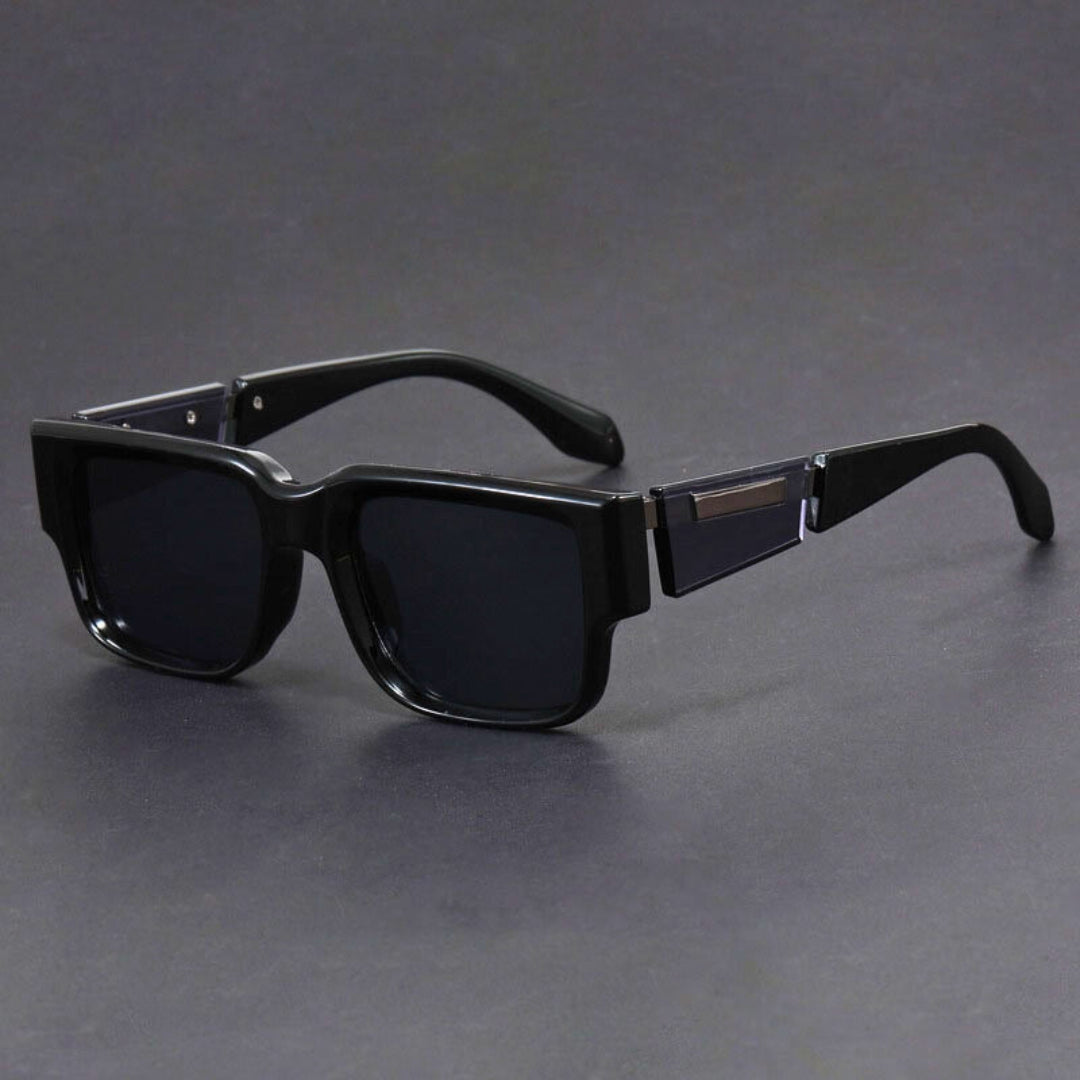 Bold black square sunglasses with metal temple accents and UV400 anti-glare scratch-resistant lenses