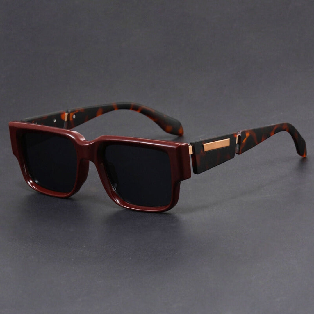 Bold black square sunglasses with metal temple accents, UV400 anti-glare lenses, modern classic style