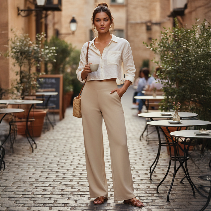 Black wide-leg high-rise trousers with sleek front panel and relaxed silhouette for effortless style