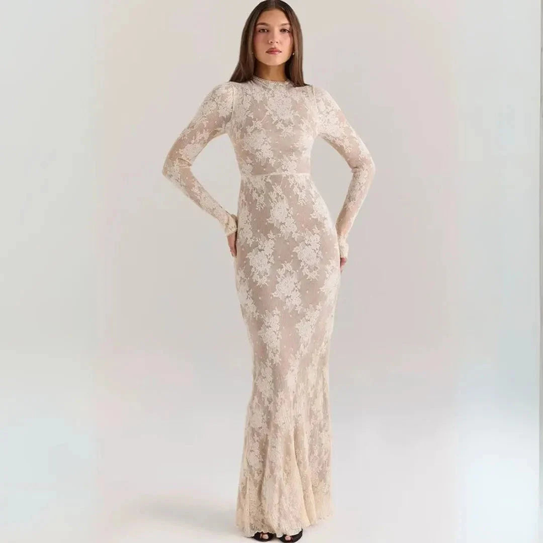 Ivory floral lace long sleeve bodycon gown with sheer overlay and high neckline