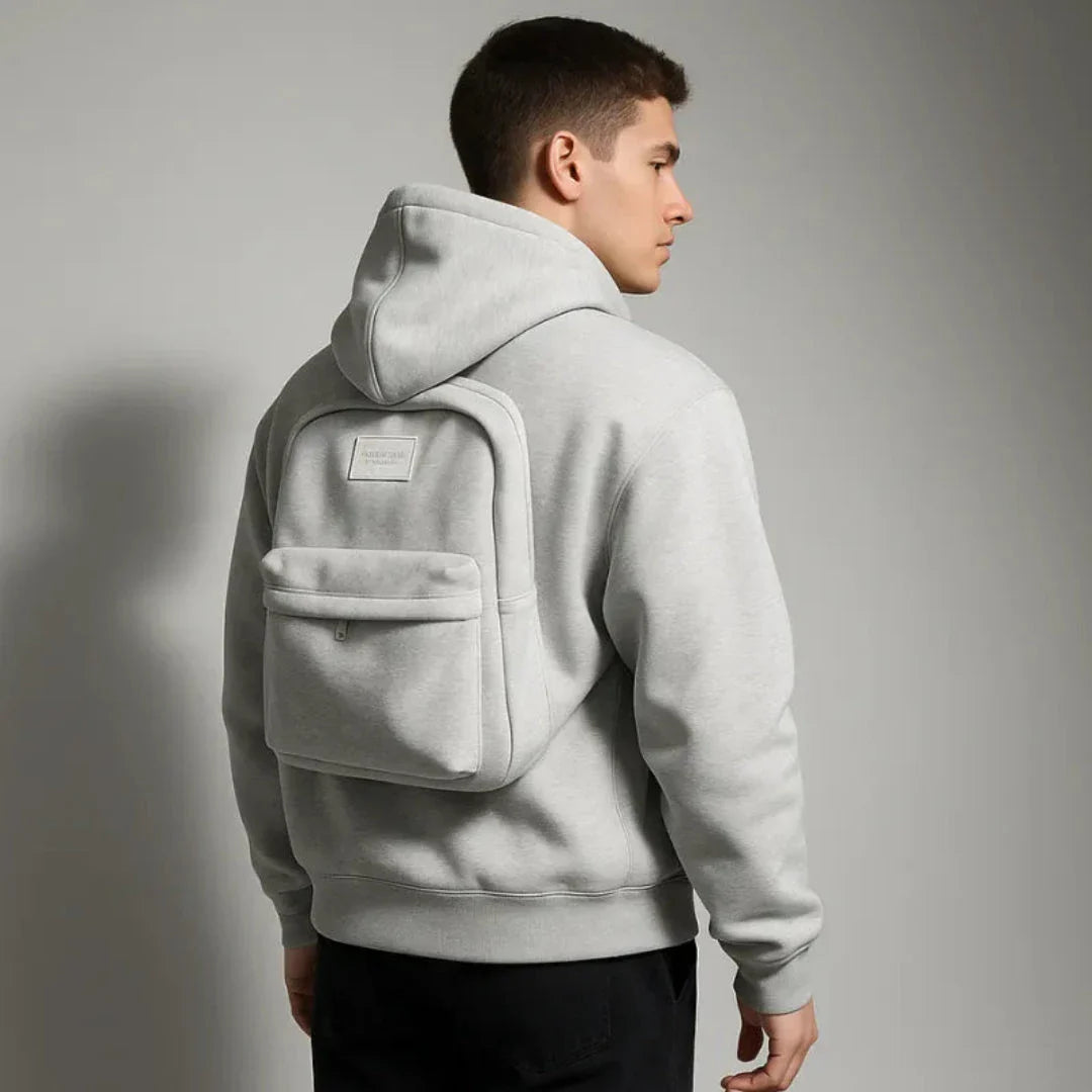 Archer 2-in-1 gray hoodie with built-in backpack, full-zip closure and dual storage compartments