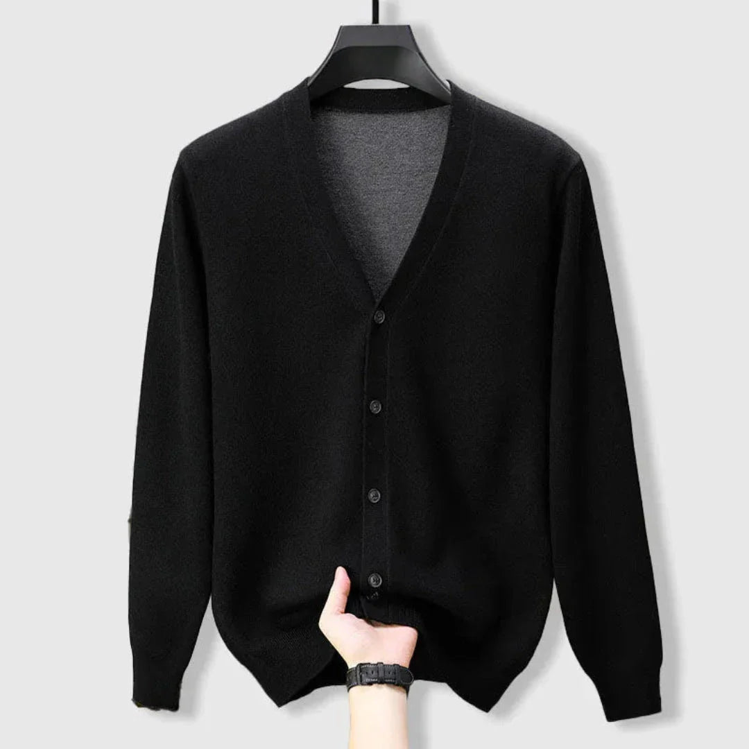 Archer men's gray merino cashmere V-neck cardigan jacket with ribbed cuffs and contrast trim